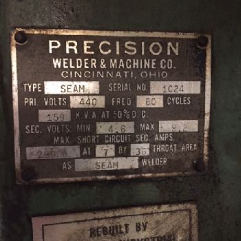Precision, 150 KVA seam welder, 36" throat, WTC 500 controller, s/n #1024
