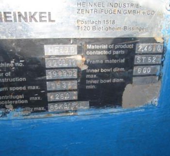 Heinkel#HF600, inverting filter centrifuge,Hast.C-4 contact surface,600mm diameter perforated basket, serial #110311, #42811