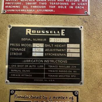 150 Ton,Rousselle#B1-15, OBI punch press, 4" stroke, 19 SH, 35 SPM, air clutch &amp; brake, #28244
