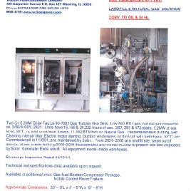 5200 KWSolarTaurus #60-7301, LFG &amp; natural gas turbine genset, 4160 V., 2001 (2 available)