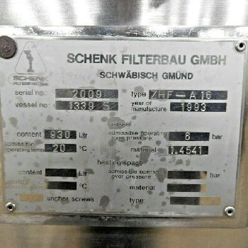 Schenk#ZHF-A16, filtration syste, 304 Stainless Steel, 930 liter tank, serial #2009