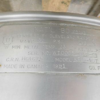 40 gal.Cleveland#KEL-40T, Stainless jacketed cooking kettle, 23" deep, 26 diameter, 50 psi, parts only