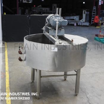 350 gal.Chester Jensen, 304 Stainless Steel kettle, 72" diameter x 28 deep, 94/50 psi, lift up covers, cone style bottom