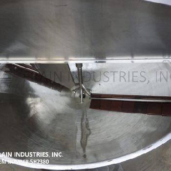 350 gal.Chester Jensen, 304 Stainless Steel kettle, 72" diameter x 28 deep, 94/50 psi, lift up covers, cone style bottom