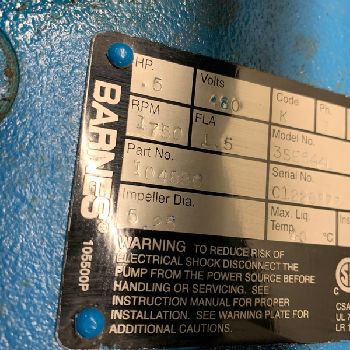 100 GPM @ 15â€™ TDH,Barnes#3SE544L, submersible,1/2 HP,1750 RPM,5.25 imp,new surp