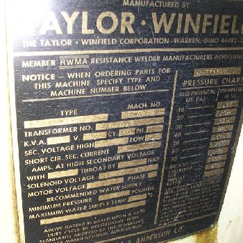 30 KVATaylor-Winfield#EBA-3-8-30, bench type spot welder, 8" throat, 4 cylinder, standard dual acting, 220/230/240 V., 1 ph