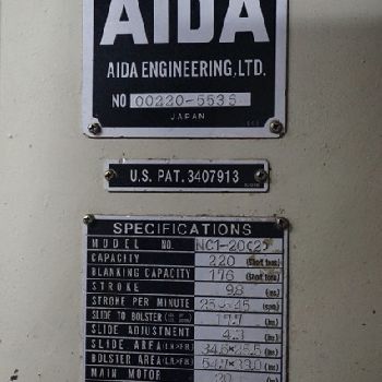 220 Ton,Aida#NC1-200(2), single point gap press,9.8" stroke,A/C &amp; brake,1984,#10401