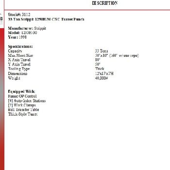 33 Ton,Strippit#1250H/30, CNC turret punch, 4 A/I, Fanuc OP, 1998