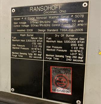 Ransohoff4 stage Stainless Steel monorail wash system, 18.25" x 65 part envelope, Allen Bradley Panelview 600 PLC, S40194