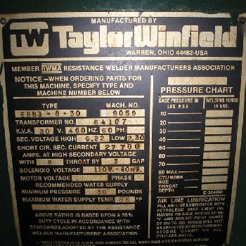 30 KVATaylor-Winfield#EBB3-8-30, bench type spot welder, 8" throat, 4 cylinder, standard dual acting, 440/460/480 V., 1 ph