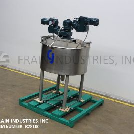 100 gal.Chester Jensen#6802, 304 Stainless Steel jacketed cooker cooler, 48" diameter x 25 deep, 100 psi, cone bottom, lift up covers