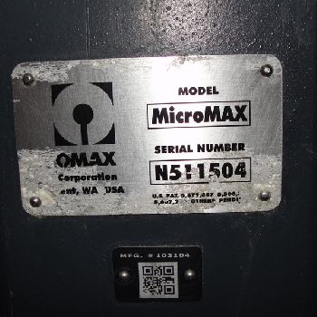 Omax#MICROMAXabrasive waterjet, 25" x 25,60k psi,repeatability +/- 2.5 Microns,â€™15,#30183
