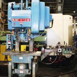 60 Ton,Bliss#C60, 5" str., 13.25 SH,32 x 21 bed,45 SPM,A/C,die cushion,’84,#153544