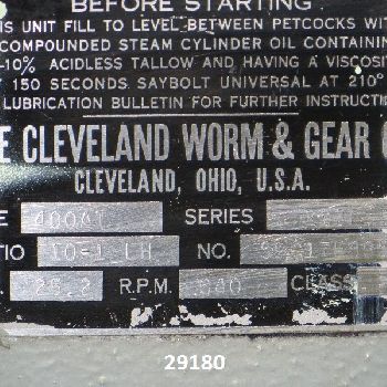 25.2 HP @ 640 RPM,Cleveland#283F, Worm Gear Speed Reducer, 10:1 Ratio, #29180