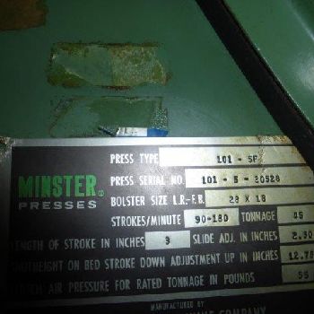 45 Ton,Minster#5, 3" str,12-3/4 SH,928 x 18 bed,90-180spm,air clutch &amp; brake,#3940