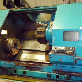 Mazak # SLANT-TURN-60-UNIVERSAL-2000, 36.02 "sw, 32 mandril, 3 mordazas, 28.75 diámetro, 9 agujeros, 12 pos., Fanuc 6TB, 1982, # 18677