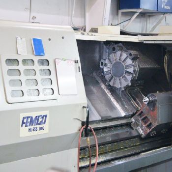 Femco#HL55S-2000, 28" swing, 15 chuck, 5 bore, 70 length, box way, 2400 hours, 2012