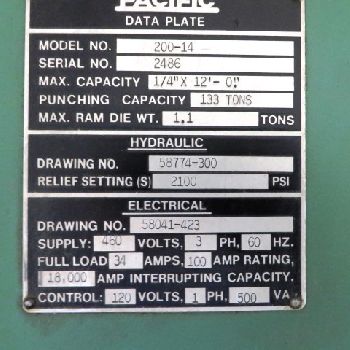 200 Ton,Pacific#200-14, hydraulic,14â€™ OA,12â€™6" BH,cylinders &amp; electrics updated 2016,#22124