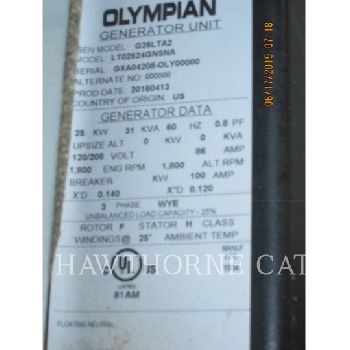 25 KWOlympianCAT #G25LTA2, NG genset, 120/208 V., 3-phase, 2016