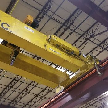 15 Ton,Kone, 57’4" span,28’ lift,radio,VFD bridge/trolley,145’(x2) rail/runway avail,1996,#1972