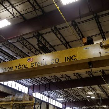 15 Ton,Kone, 57’4" span,28’ lift,radio,VFD bridge/trolley,145’(x2) rail/runway avail,1996,#1972
