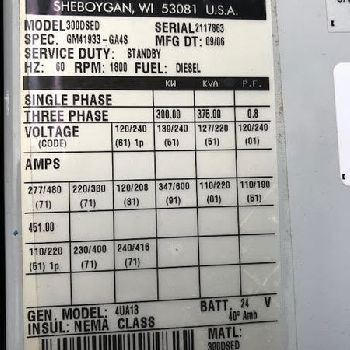 300 KWDetroitDiesel Spectrum #300DSED, 277/480 V., WPE, 685 HP, EPA Tier 3, 439 hrs.,â€™06,$37500