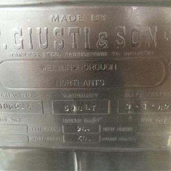 Giusti 500L Stainless jacketed mixing vessel